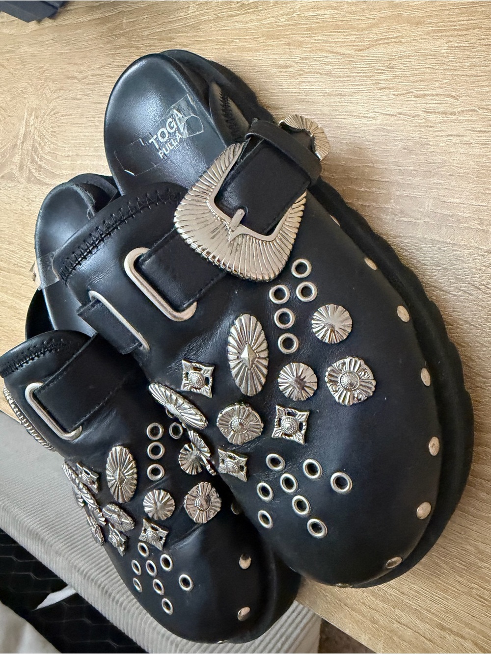 TOGA Pulla Black Leather Studded Buckle Clogs